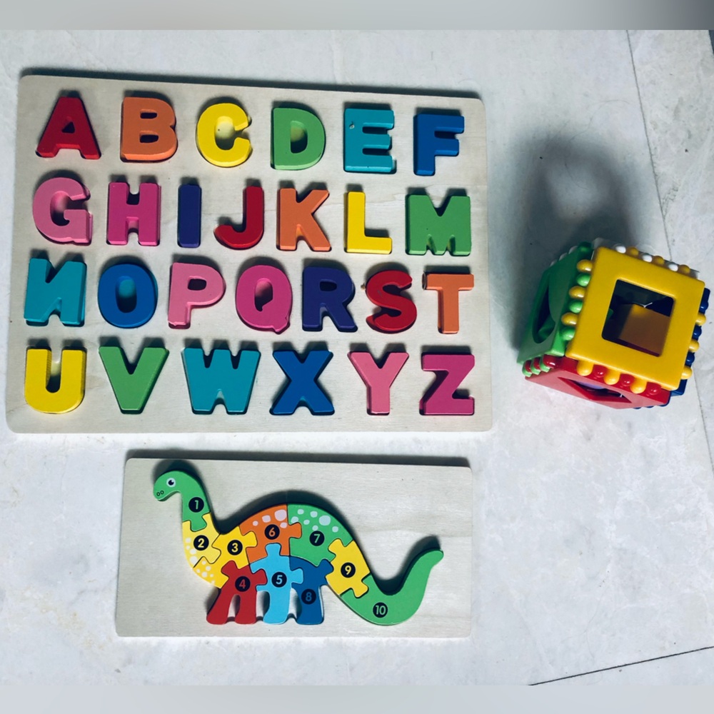 Bundle   Shape Sorting Cube, Wooden  Alphabet, Dino Puzzles   from Lovevery